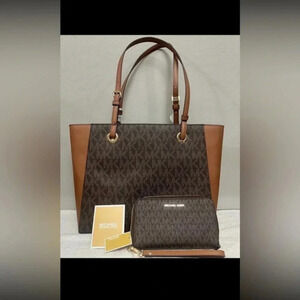 Michael Kors Jet Set Travel Walsh Large Tote Brown Logo + Zip Wallet NWT